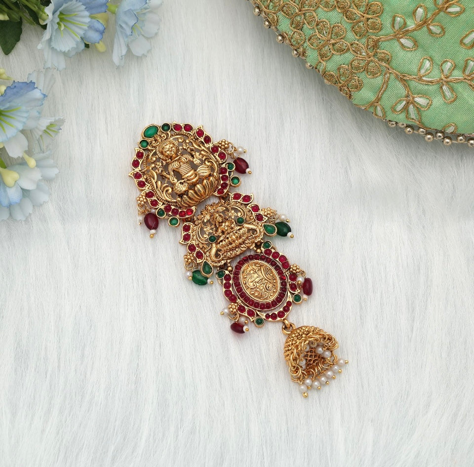 Elegant Maroon & Green Color Temple Hair Barrette With Traditional Ethnic Jewelry Artwork