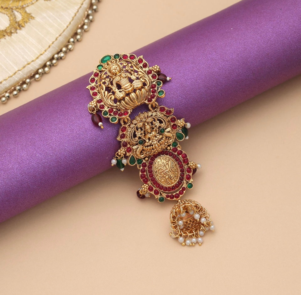 Elegant Maroon & Green Color Temple Hair Barrette With Traditional Ethnic Jewelry Artwork