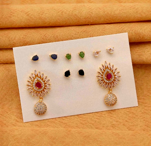 Multi Color 5 In 1 Interchangeable American Diamond Stud Earrings Combo